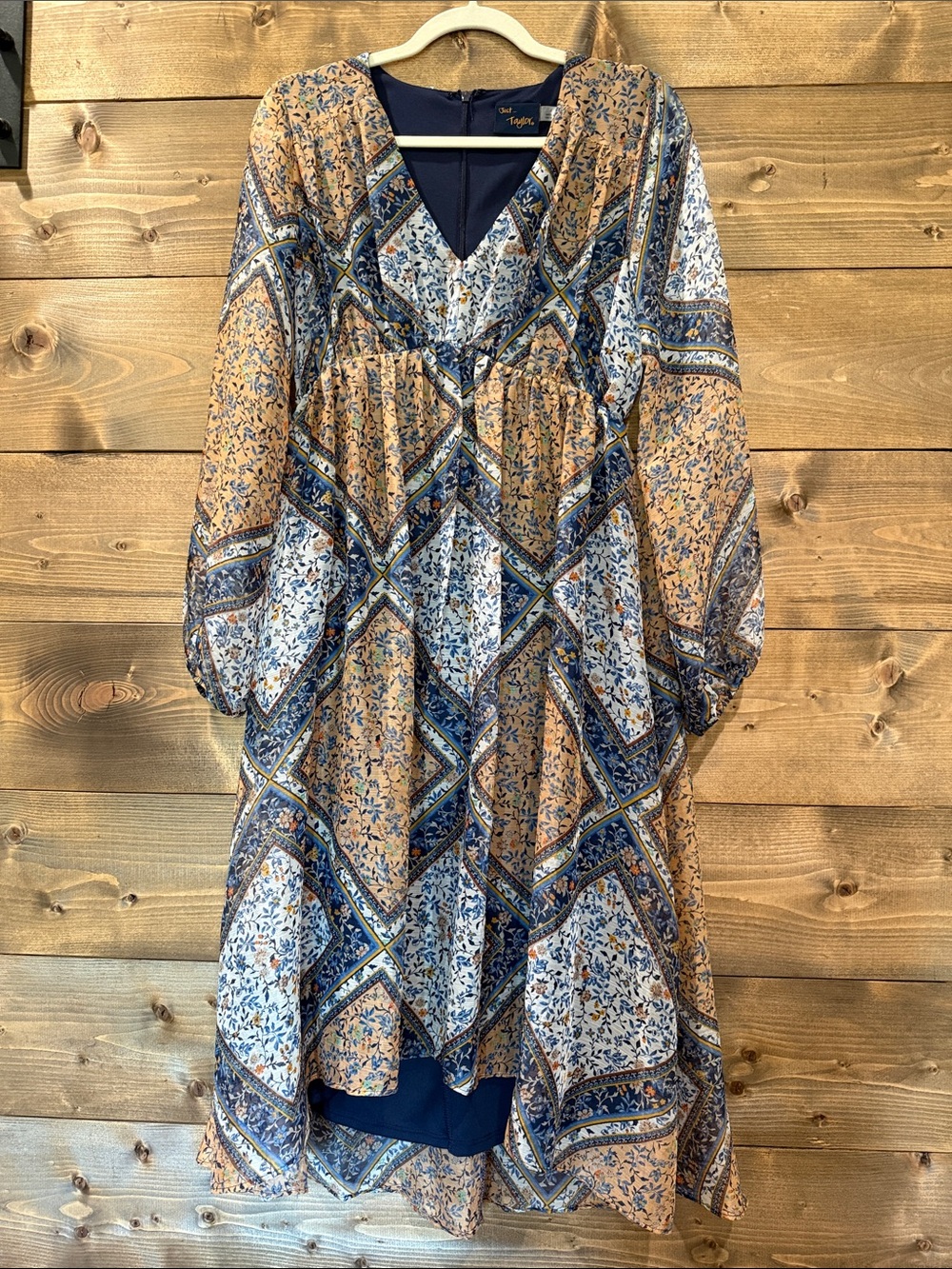 Taylor Blue and Tan Printed Long Sleeve Midi Dress